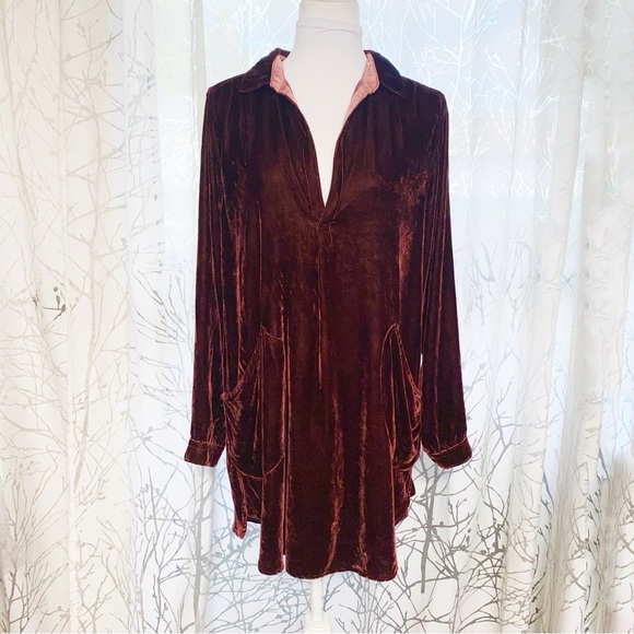 CP SHADES FREE PEOPLE burgundy red velvet v-neck long sleeve tunic shirt dress - Picture 4 of 12